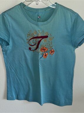 Tommy Hilfiger Teal Blue Tee with Orange Floral 'T' Logo embroidered size PS